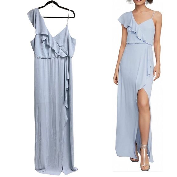 BCBGMAXAZRIA Asymmetrical Neck Ruffle Maxi Dress Blue 16 - Picture 2 of 8